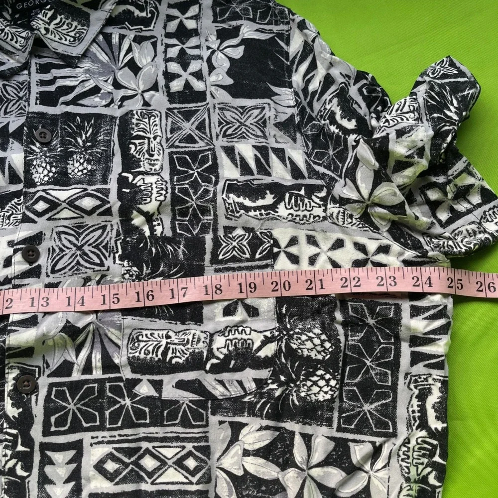 GEORGE Mens XL‎ Vtg Black White Tropical Tiki Aloha Hawaiian Shirt